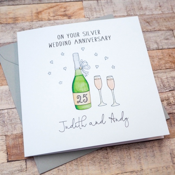 Handmade Personalised Silver Wedding Anniversary Card - Wine Bottle