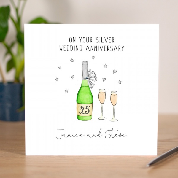 Handmade Personalised Silver Wedding Anniversary Card - Wine Bottle