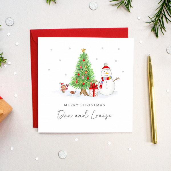 Personalised Christmas Card - Snowman and tree