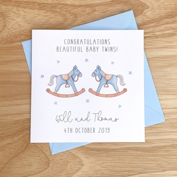 Personalised Baby Twins Card - Rocking Horses