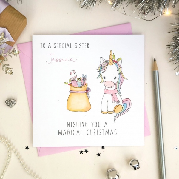 Personalised Unicorn Christmas Card - Daughter, Granddaughter, Niece, Sister